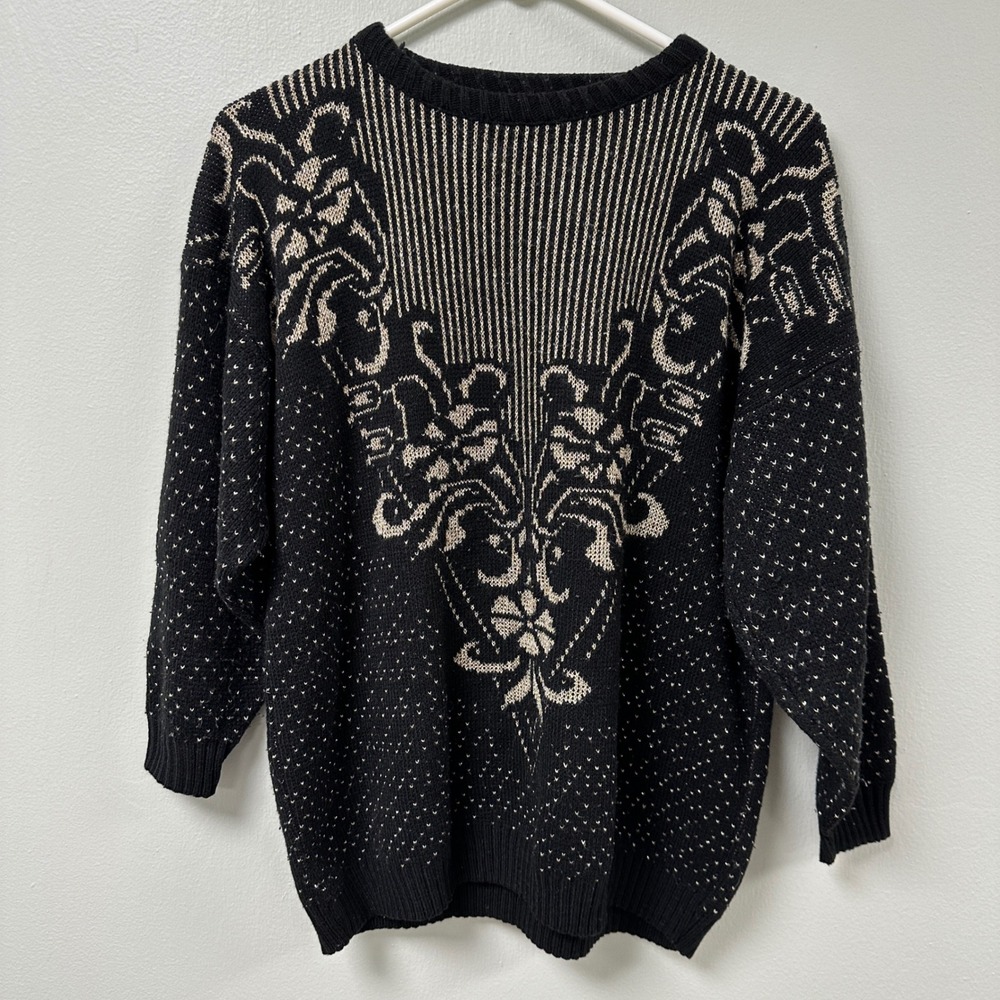 Jonathan Cass Vintage Black Gold Metallic Floral Knit Sweater Made in USA Womens